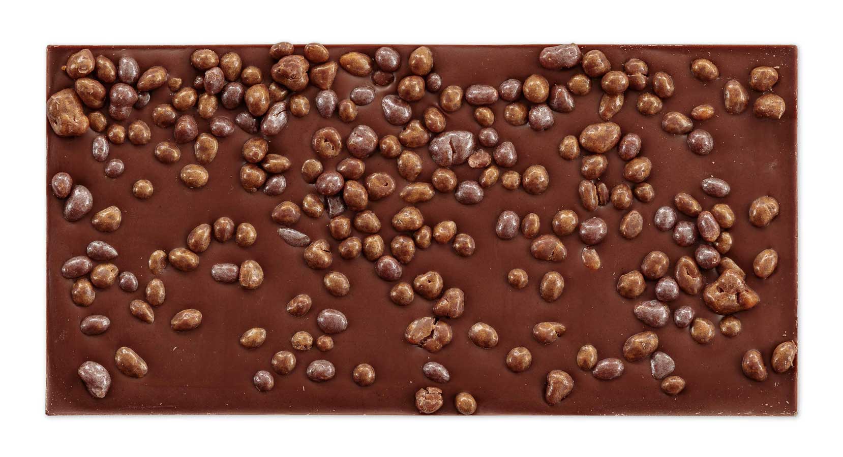 Ausgepackte Tafel Omnom Karamell-Vollmilch - mittelbraune Schokolade mit Karamell-Perlen