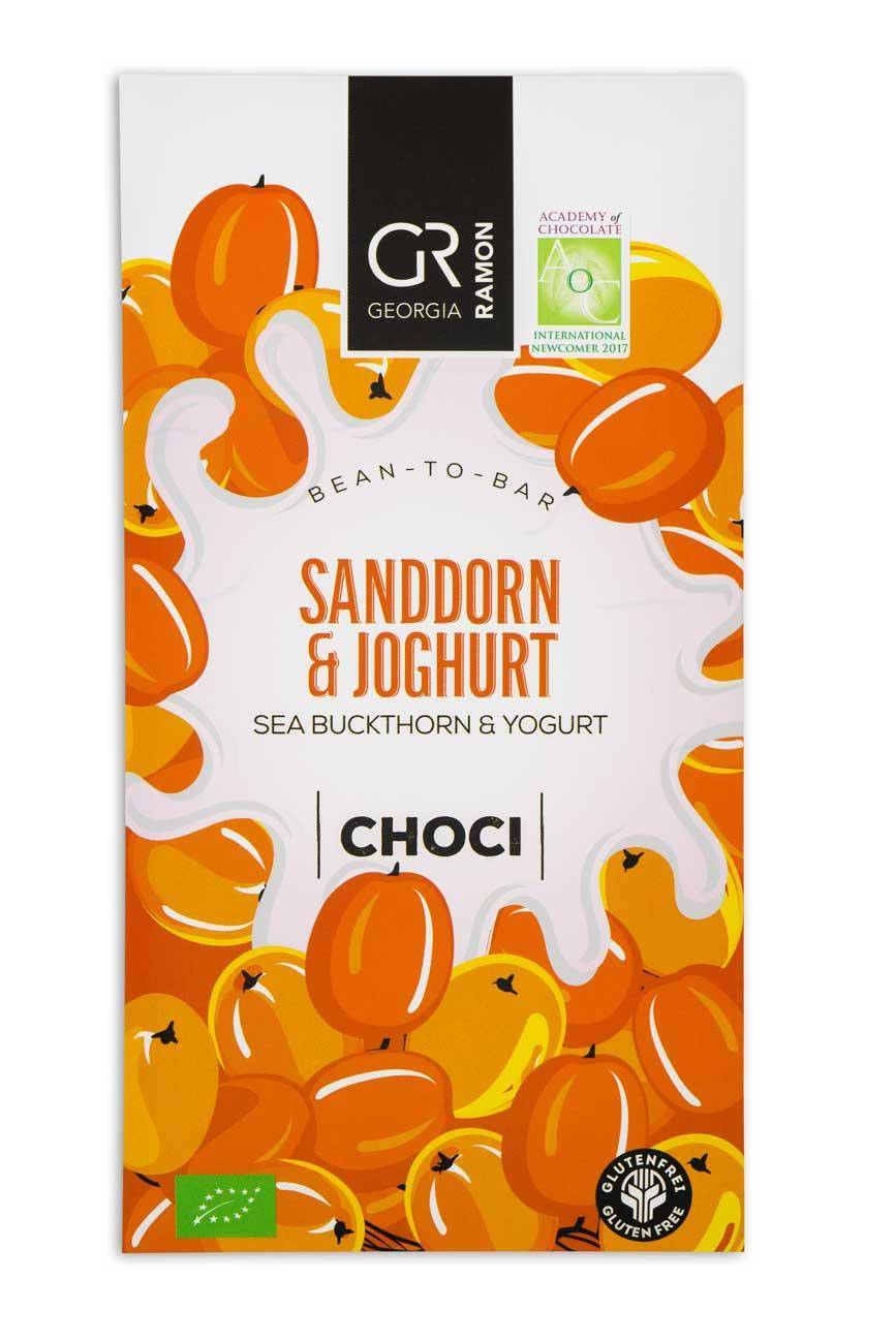 Verpackung der Sanddorn-Joghurt-Schokolade von Georgia Ramon: Grell-orangefarbene Sanddorn-Illustration mit weißem Hintergrund