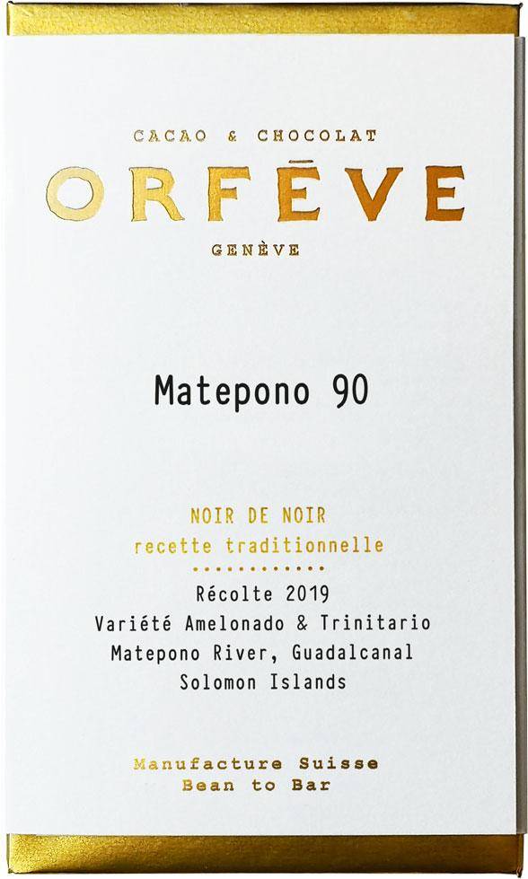 Orfeve Matepono -Salomonen Dunkle Schokolade 90 Prozent Fein - in goldene Folie gewickelte Schokolade mit großer weißer Banderole mit schwarzer und goldener Schrift