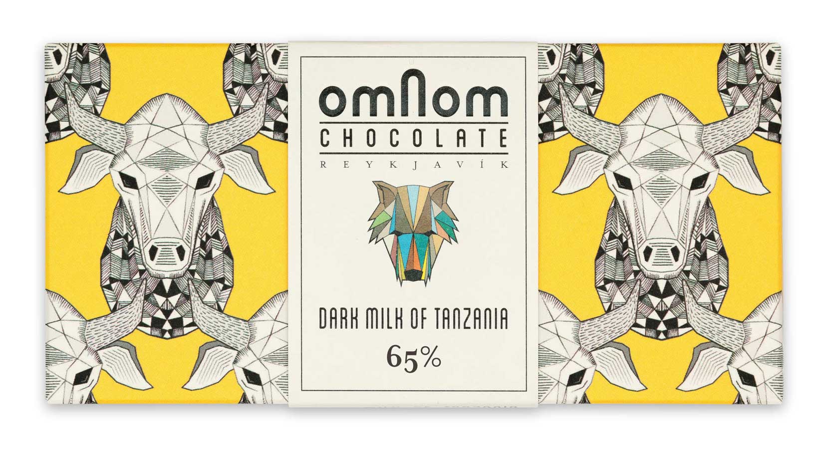 Verpackung der Tansania Milchschokolade von Omnom in Gelb mit Büffelkopf-Muster