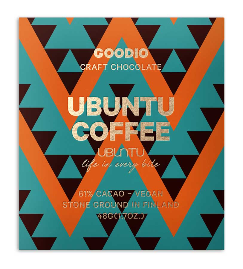 Verpackung der Ubuntu-Kaffee-Schokolade von Goodio in türkis mit orangen Streifen und schwarzen Dreiecken