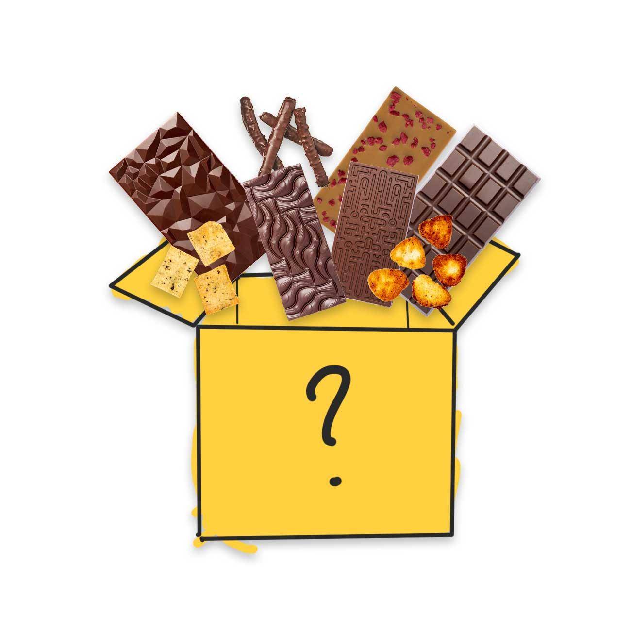 Eine gezeichnete gelbe Box mit Fragezeichen, über der einige Fotos von verschiedenen Schokoladentafeln, Keksen und Crackern abgebildet sind