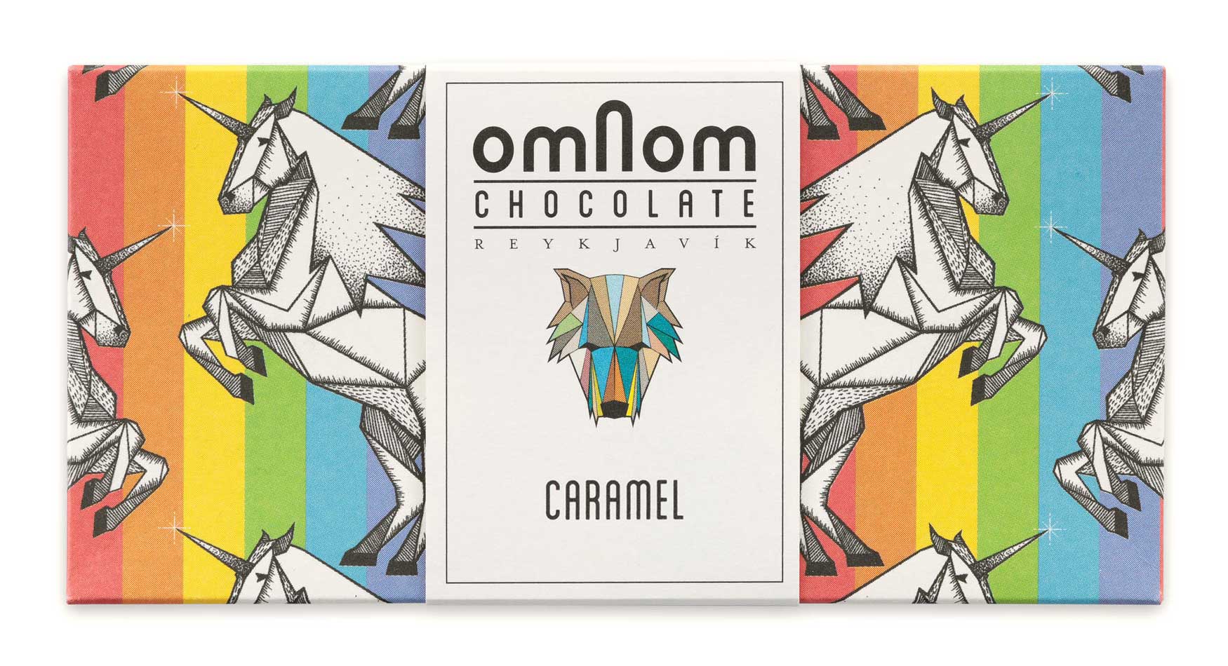 Verpackung der Karamell Vollmilch Schokolade von Omnom in bunten Regenbogenfarben mit Einhörnern