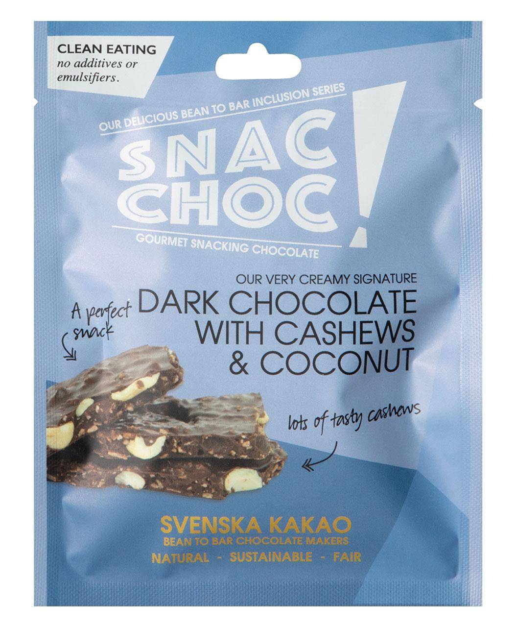 Verpackung der Snac Choc Dunkel mit Cashew und Kokosnuss - blaue Verpackung mit weißer und schwarzer Schrift und Bild der Bruchschokolade