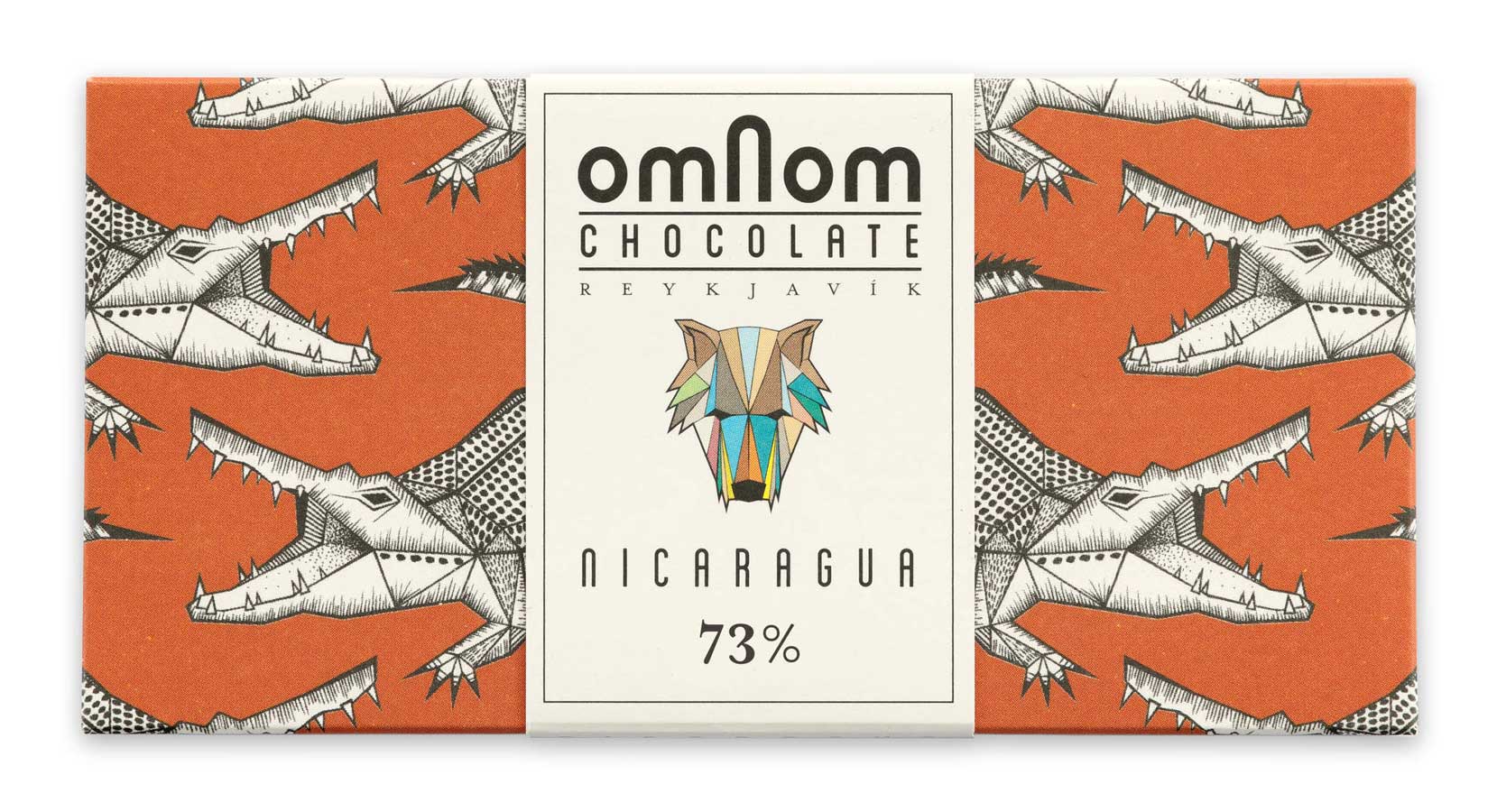 Verpackung der Dunklen Nicaragua-Schokolade von Omnom in rostrot mit Krokodil-Muster