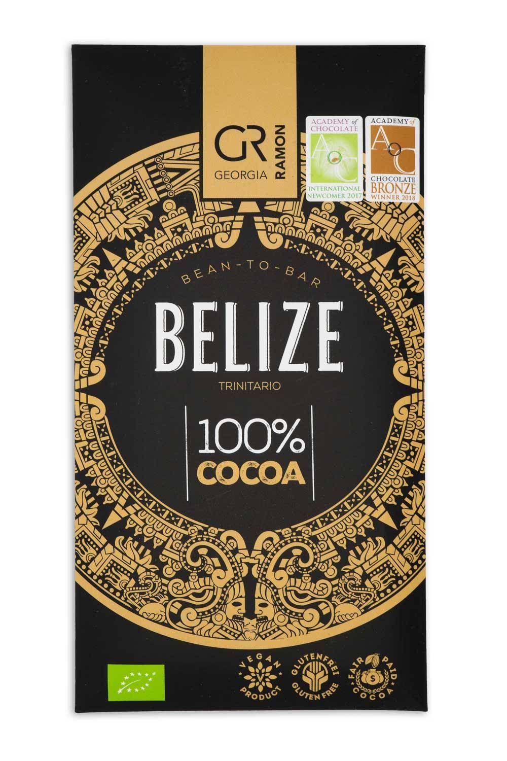 Verpackung der "Belize 100%" Kakaomasse von Georgia Ramon - schwarzer Hintergrund mit goldenem Kranz mit Mandala-Muster