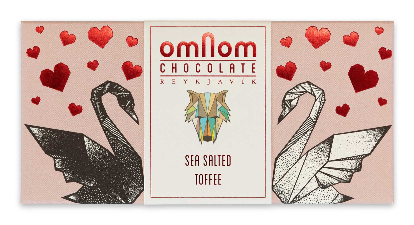 Verpackung der gesalzenen Toffee-Schokolade von Omnom in rosa mit schwarzem und weissem Schwan und roten Herzen