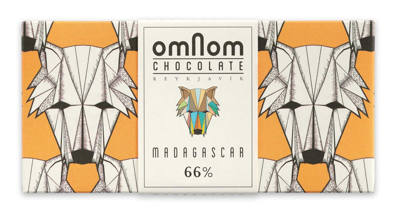 Verpackung der dunklen Madagaskar-Schokolade von Omnom in orange mit Wolfskopf-Muster