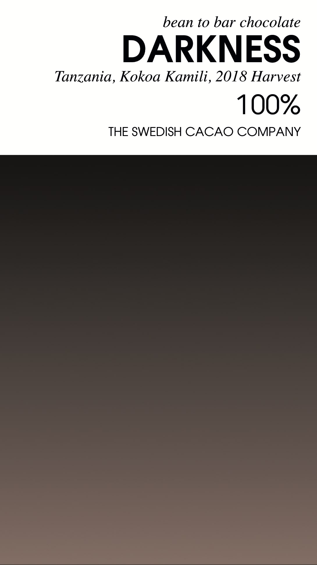 Kakaomasse 100 Prozent Tansania - Svenska Kakao - Verpackung mit Verlauf von Dunkelbraun zu schwarz