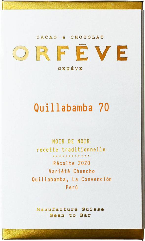 Orfeve Quillbamba - Peru - Dunkle Schokolade 70 Prozent Fein - in goldene Folie gewickelte Schokolade mit großer weißer Banderole mit oranger und goldener Schrift