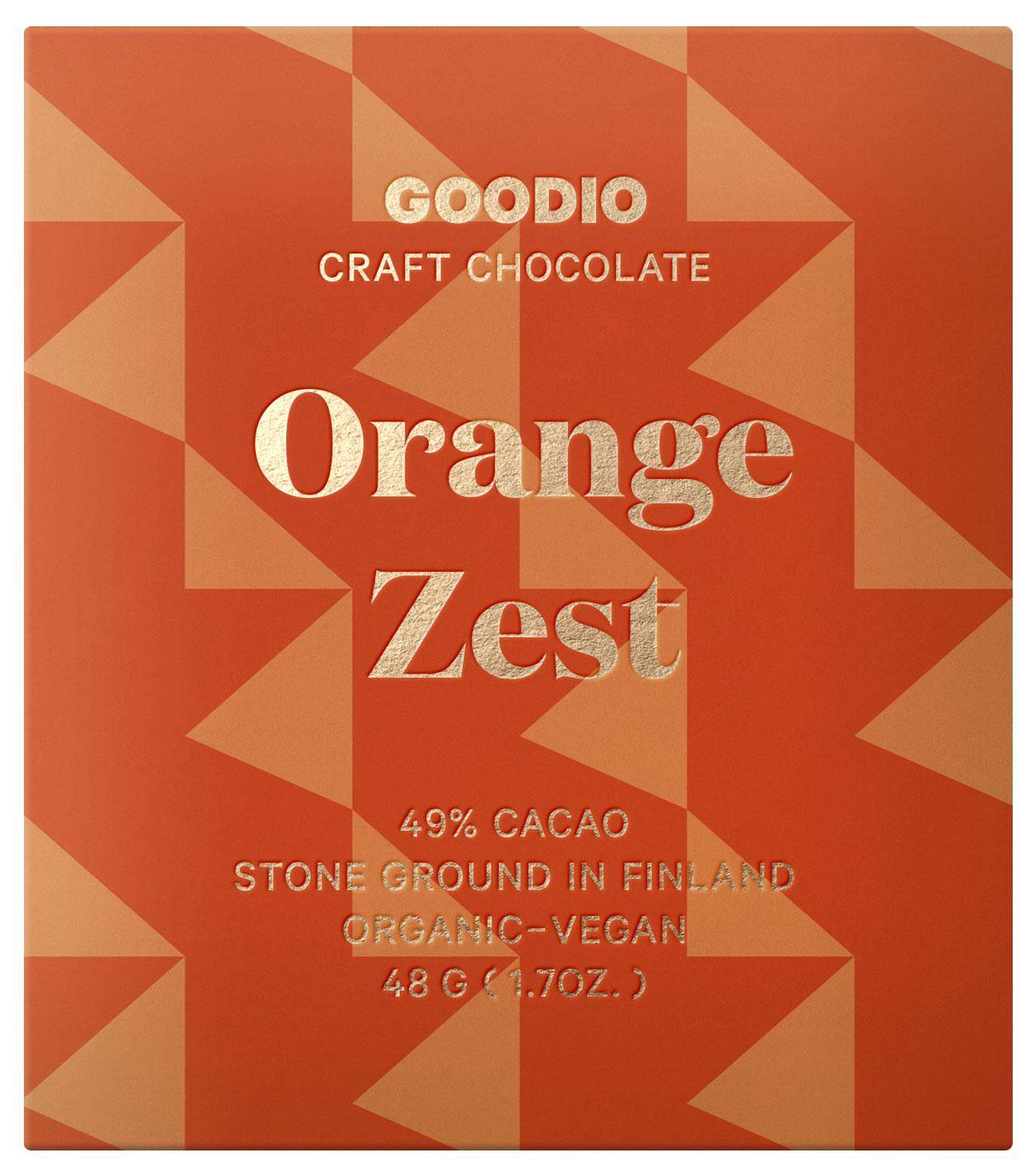 Verpackung der Orangen-Schokolade in orange mit pfirsichfarbenen Dreiecken und goldener Schrift