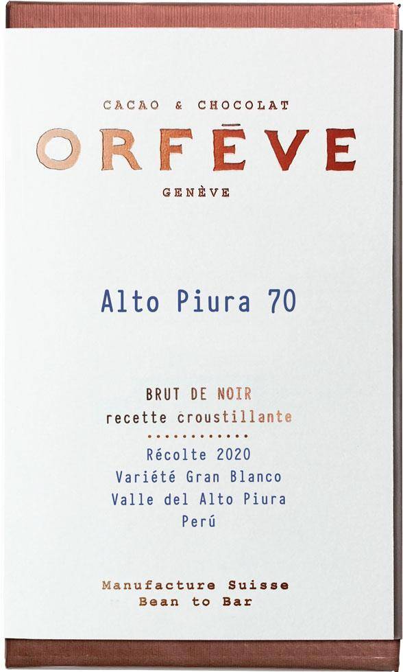 Orfeve Alto Piura - Peru Dunkle Schokolade 70 Prozent Knusprig - in kupferfarbene Folie gewickelte Schokolade mit großer weißer Banderole mit blauer und kupferfarbener Schrift