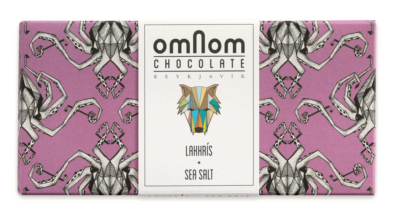Verpackung der Lakritz-Meersalz Schokolade von Omnom in Lila mit Kraken-Muster