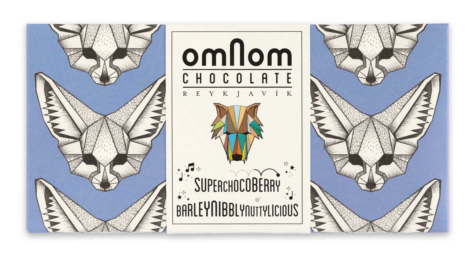 Verpackung der Superchocoberrybarleynibblynuttylicious-Schokolade von Omnom in lavendelfarben mit Wüstenfuchs-Muster