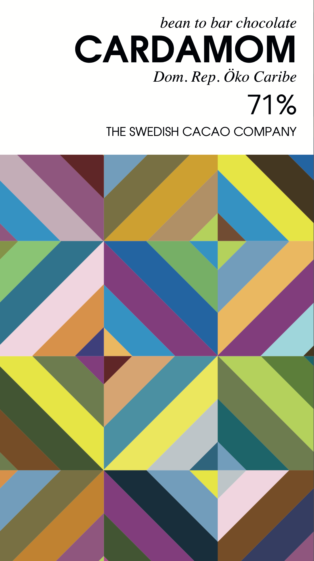Dunkle Schokolade 70 Prozent mit Kardamom - Svenska kakao - Verpackung mit geometrischem Muster aus gestriften Kacheln in Grün, Blau, Violett und braun