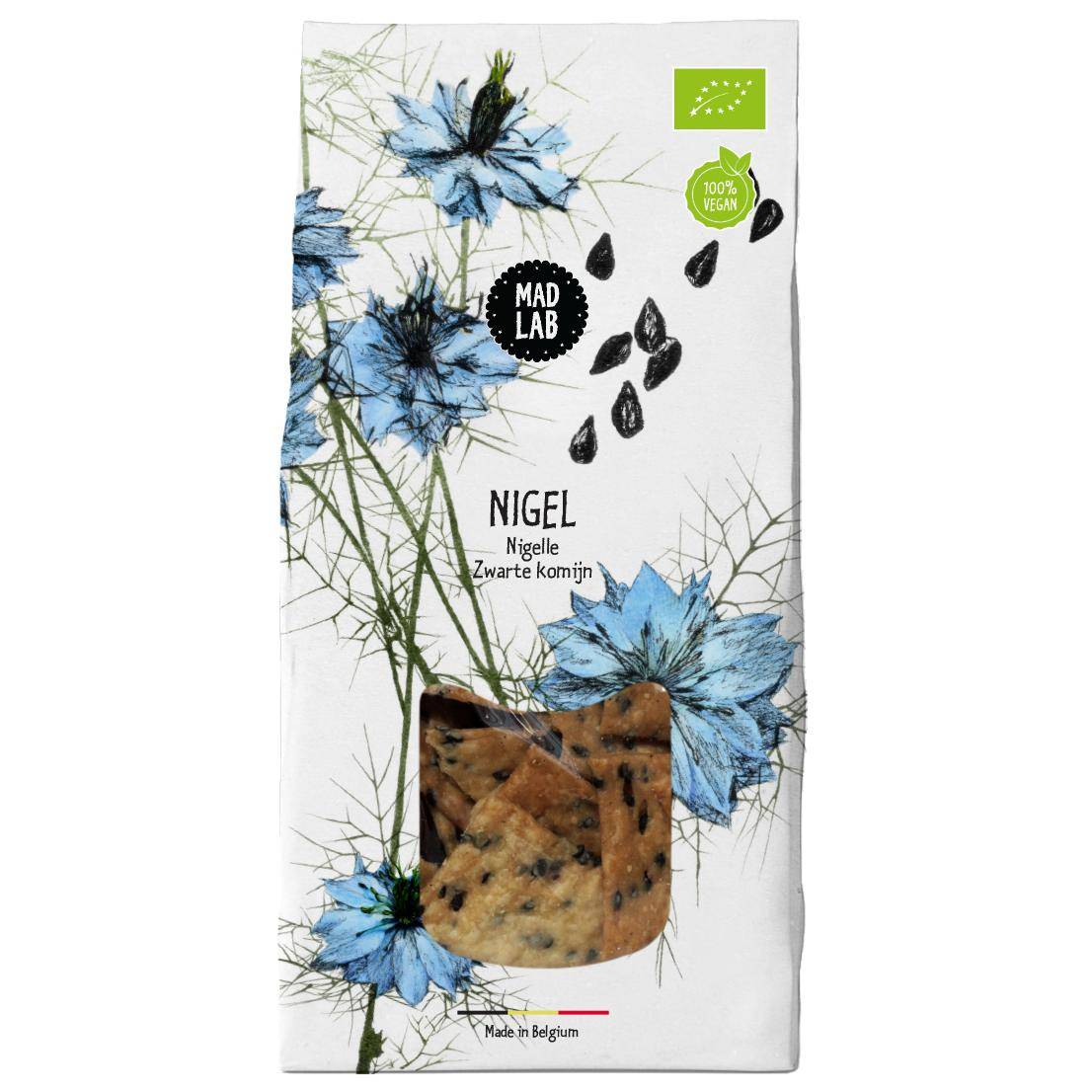Mad Lab vegane Cracker mit Schwarzkümmel – Verpackung aus weissem Papier mit farbiger, naturalistischer Illustration von Schwarzkümmel und blauen Blüten. 