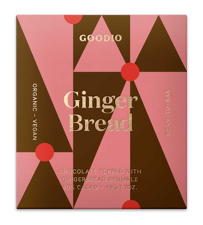 Verpackung der Lebkuchen-Schokolade von Goodio mit rosa und braunen Dreiecken und roten Punkten