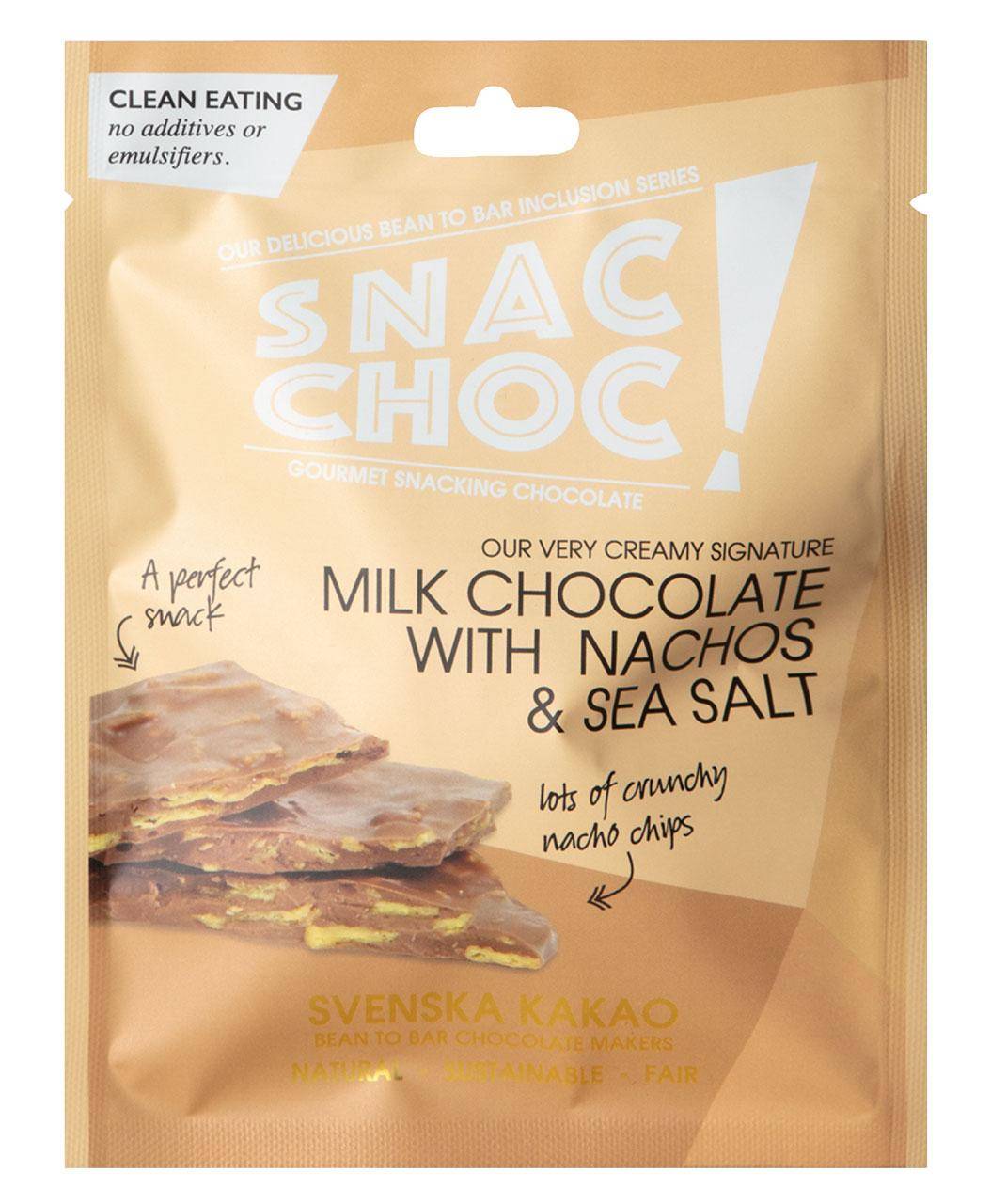 Verpackung der Snac Choc Milchschokolade mit Nachos und Meersalz - orange Tüte mit weißer und schwarzer Schrift und Bild der Bruchschokolade