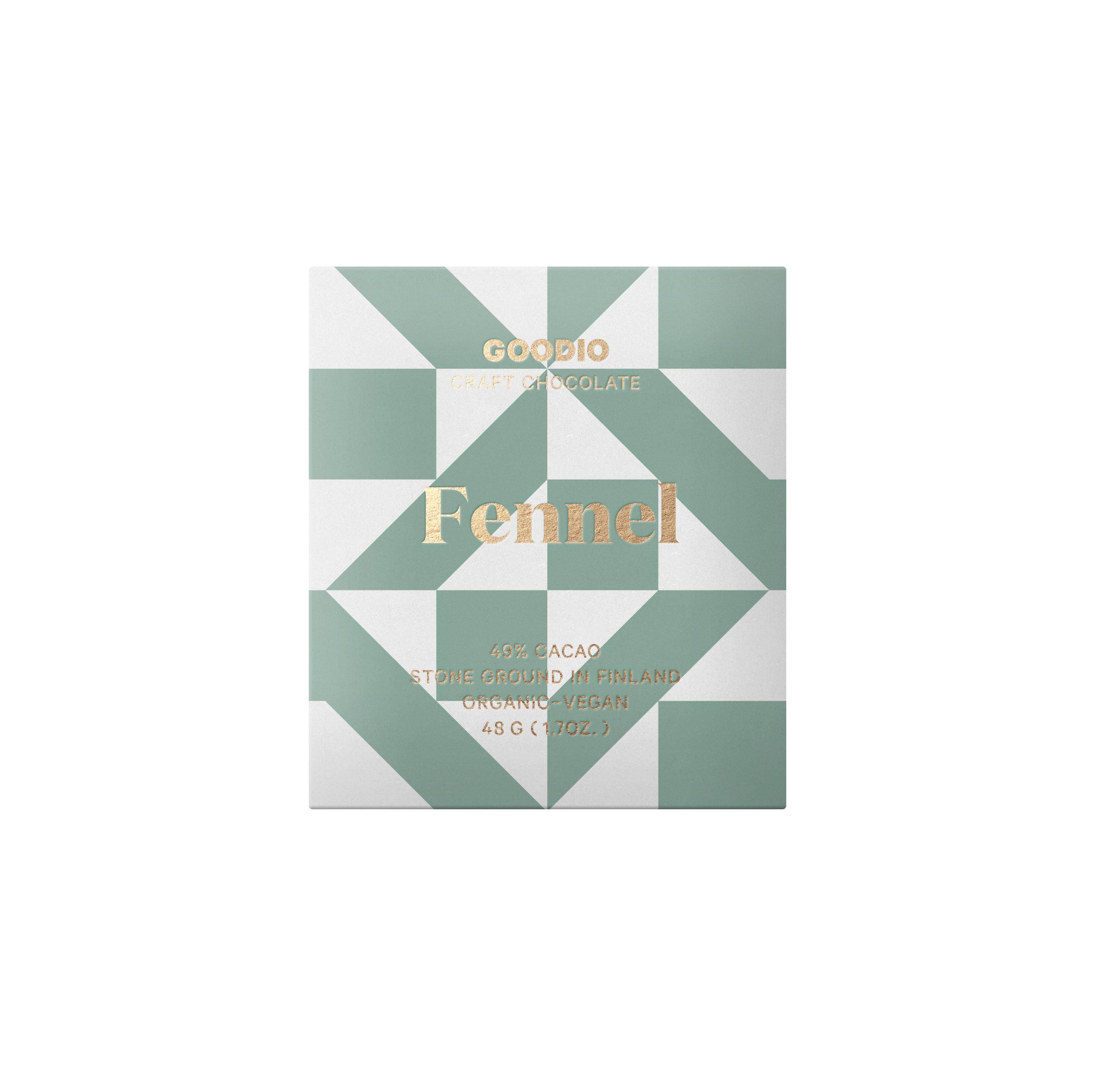 Verpackung der Fenchel-Schokolade von Goodio mit salbeifarbenem und weissem geometrischen Muster und goldener Schrift