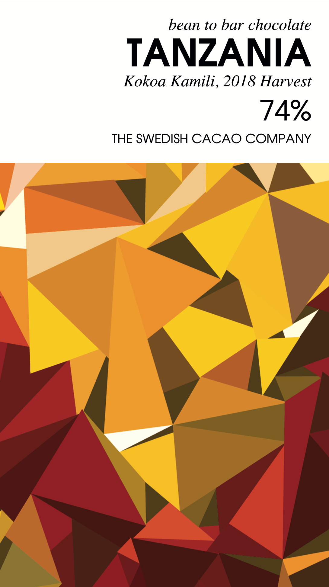 Dunkle Schokolade 74 Prozent Tansania - Svenska Kakao - Verpackung mit feometrischem Muster aus Fragmenten in rot, gelb und orange