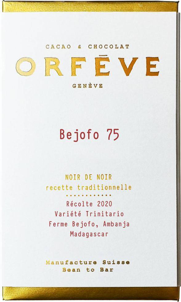 Orfeve Bejofo – Madagaskar Dunkle Schokolade 75 Prozent Fein - in goldene Folie gewickelte Schokolade mit großer weißer Banderole mit roter und goldener Schrift