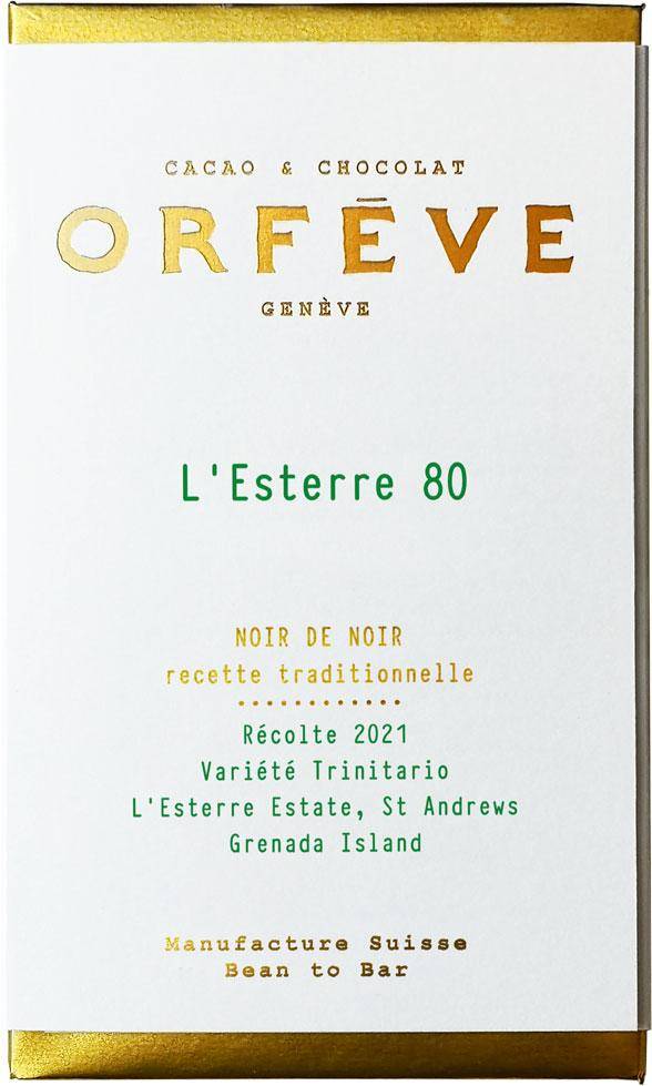 Orfeve L’esterre – Grenada  Dunkle Schokolade 80 Prozent Fein - in goldene Folie gewickelte Schokolade mit großer weißer Banderole mit grüner und goldener Schrift